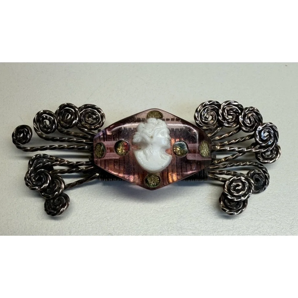 Vintage 1940s Pink Lucite Cameo Brooch Pin Hand Wrapped Wire Filigree Wings